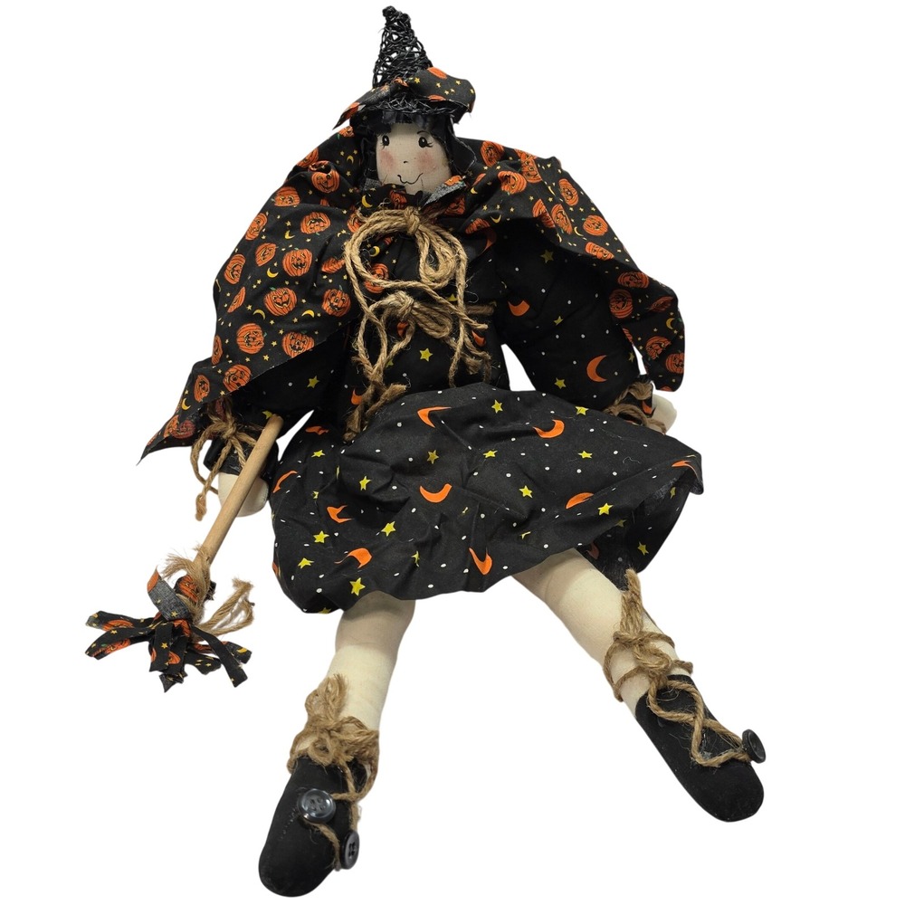 Primitive Halloween Witch Doll 24 Inch Hand Painted Fabric Folk Art Decor